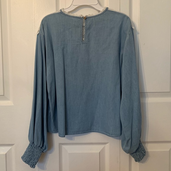 Zara Chambray & Lace Neckline Long-sleeve Blouse - Picture 2 of 3